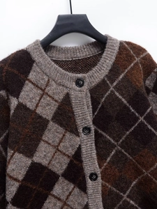 Detailed close-up of diamond pattern knit cardigan with vintage buttons and round collar