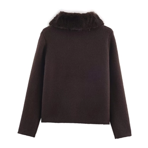 Detailed back view of a brown knitted cardigan featuring a soft faux fur collar detail