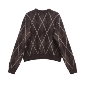 Classic dark coffee argyle knit sweater with crew neck and long sleeves for women