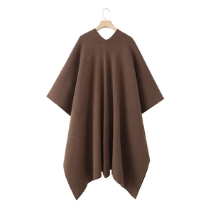 Women's dark brown oversized knit poncho cardigan with V-neck and front pockets