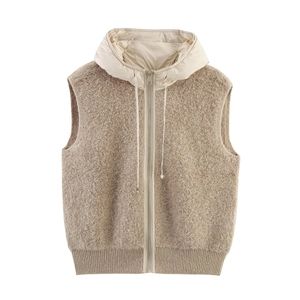 Gilet à capuche en polaire douce pour femme kaki avec fermeture zippée et cordon de serrage
