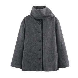Women's dark gray loose wool coat featuring a scarf collar and single-breasted buttons