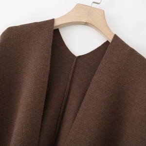 Women's autumn knit long cardigan in brown featuring v-neck and textured fabric
