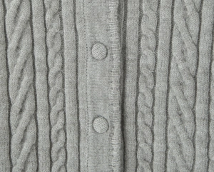 Macro detail of grey cable-knit cardigan featuring soft texture and fabric-covered buttons