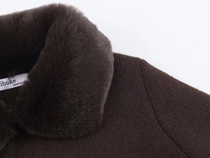 Detail of dark brown faux fur collar and thick textured knit on women sweater coat