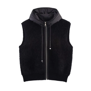 Gilet à capuche noir pour femme avec fermeture éclair et texture douce en polaire