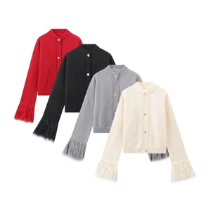 Detail of knit cardigan with feathered cuffs and metal buttons in four elegant colors