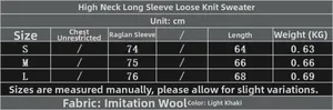 Detailed size chart for high collar loose knit sweater with sleeve and weight data