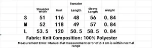 Detailed size chart for women's knitted jacket featuring S, M, L dimensions and weights
