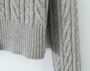 Close-up of grey cable-knit sweater detail showing thick texture and ribbed hem craftsmanship