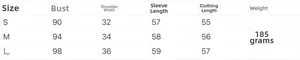 Detailed size chart for women's knit top including bust, shoulder, and sleeve measurements