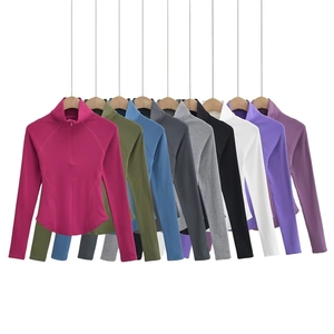 T-Shirt de Sport Coupe Slim pour Femme Col Montant Manches Longues Demi-Zip Top de Yoga Rayonne Spandex Couleur Unie