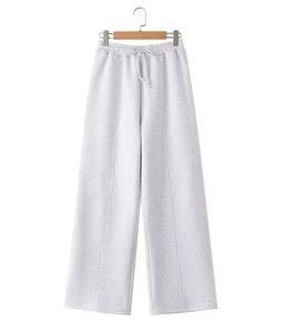 Light grey wide-leg joggers with drawstring waist and vertical seam pleat details