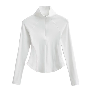 Haut de sport blanc coupe ajustée pour femme avec quart de zip et ourlet arrondi
