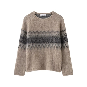 Women Vintage Geometric Jacquard Knit Sweater Casual Crew Neck Long Sleeve Pullover Soft Warm Khaki Beige Jumper Top