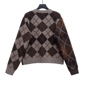 Back view of argyle knit cardigan sweater in dark brown and grey with ribbed cuffs