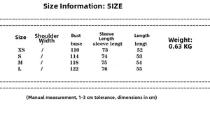 Size chart showing chest, sleeve, and length measurements for this fashion jacket