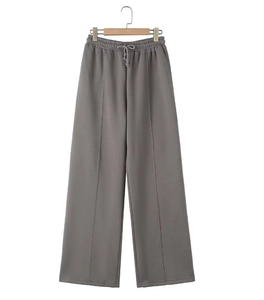 High-waisted taupe wide-leg sweatpants with drawstring and elegant front seam detail