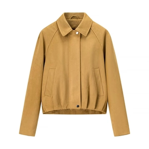 Women's Casual Polyester Faux Suede Jacket Shirt Collar Long Sleeve Single Breasted Loose Pocket Coat Outerwear