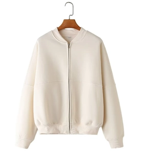 Detail of off-white zip-up bomber jacket collar with size tag and metallic zipper