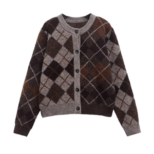 Women's vintage argyle knit cardigan sweater with round neck and five black buttons