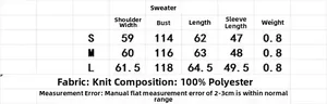 Size chart for women's knit sweater detailing S to L dimensions in 100% polyester fabric