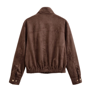 Back view of dark brown faux suede jacket featuring elastic hem and golden button cuffs