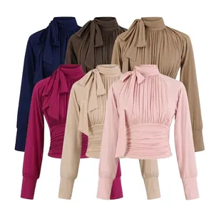 Women Elegant Bow Tie Ruched Long Sleeve T-Shirt Slim Fit Viscose Pleated Top Solid Color Fashion French Style Shirt
