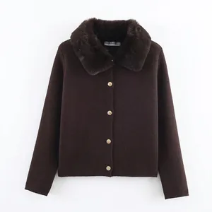 Women Faux Fur Collar Knit Cardigan Sweater Jacket Gold Buttons Button Down Long Sleeve Casual Solid Winter Outerwear Top