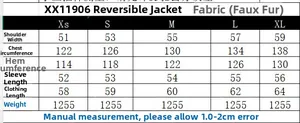 Detailed size chart for reversible shearling jacket with exact clothing measurements