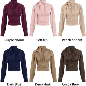 Elegant bow-tie slim fit long sleeve tops for women in six various trendy colors