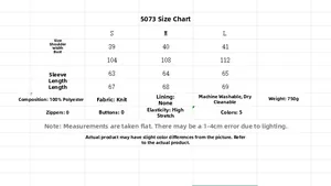 Size chart for women's knit cardigan showing measurements for S, M and L sizes