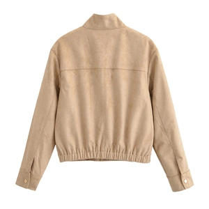 Rear view of cropped faux suede jacket for women featuring an elasticated hem and gold buttons