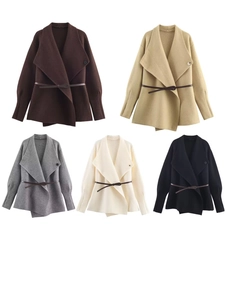 Detail view of knit cardigan in five colors featuring lapel collars and waist belts