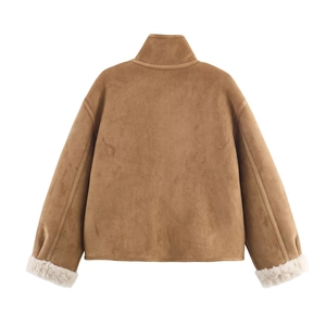 Macro view of brown suede jacket back with white faux fur trim on sleeves