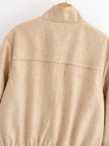 Rear view of faux suede jacket showing cross-stitched seams and structured standing collar