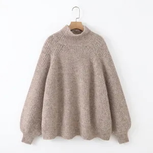 Women Loose Knitted Sweater Soft Imitation Cashmere Mock Neck Raglan Sleeve Oversized Pullover Oatmeal Knitwear Autumn Winter Outerwear