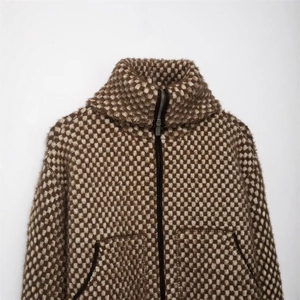 Women's autumn knit zip-up jacket with checkered pattern and warm high collar