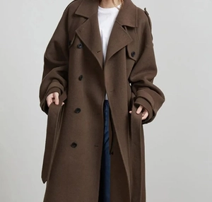 Detail of dark brown wool coat featuring a wide notched lapel and double-breasted buttons