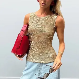 Débardeur en Maille Ajourée à Paillettes pour Femmes Sans Manches Col Rond Gilet au Crochet pour Fêtes Club Vacances