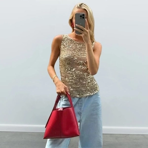 Débardeur chic à paillettes dorées pour femmes avec col rond pour tenues de soirée