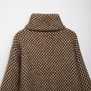 Women's autumn high neck knit jacket featuring a brown and beige checkered pattern design