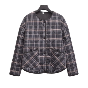 Women Plaid Quilted Cotton Jacket Round Neck Single Breasted Casual Warm Outerwear Large Pockets Autumn Winter Coat