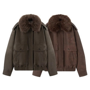 Women's Vintage Faux Fur Collar Faux Suede Bomber Jacket Loose Fit Warm Winter Casual Zip Up Biker Coat With Pockets