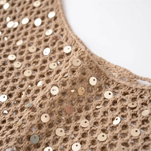Gilet en crochet kaki avec paillettes métalliques pour femmes au style bohème