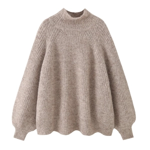 Oatmeal knit turtleneck sweater with loose raglan sleeves for autumn winter fashion