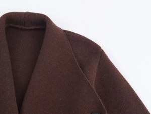 Close-up of lapel collar and thick knit texture on brown long-sleeved cardigan