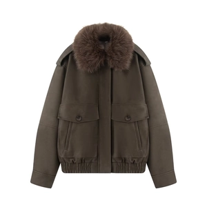 Detail of faux suede flight jacket featuring a thick plush collar and vintage textures
