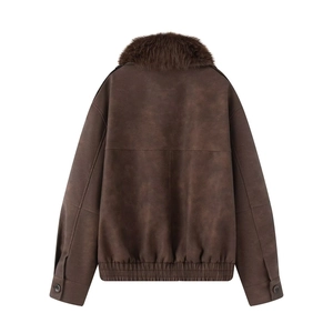 Back view of dark brown faux suede bomber jacket with plush faux fur collar detail