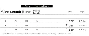 Size chart for V-neck loose long sleeve coat including length, bust, and sleeve measurements